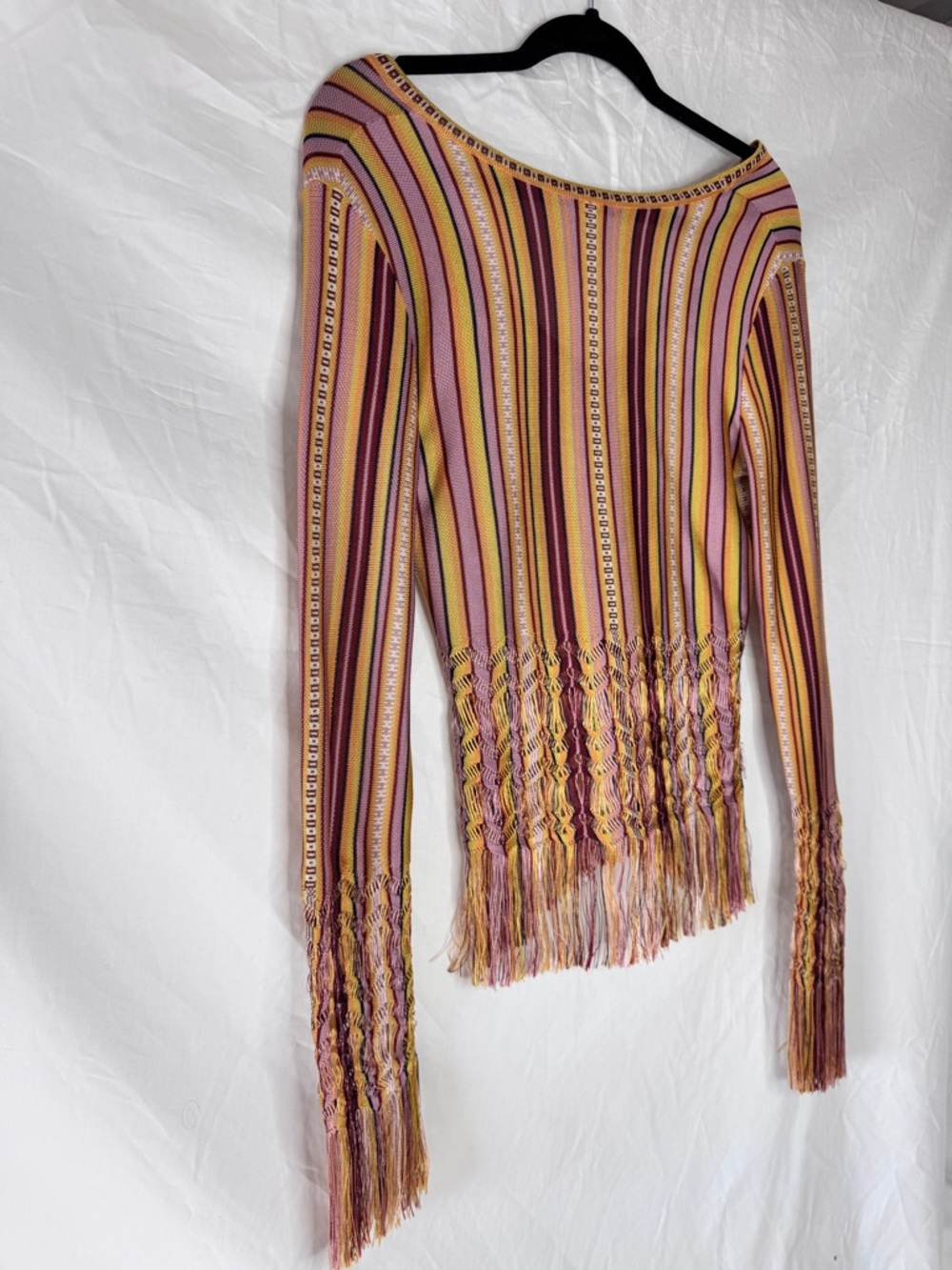 Christian Dior by John Galliano Vintage Striped Fringe V-Neck Long Sleeve Top - Picture 6 of 14